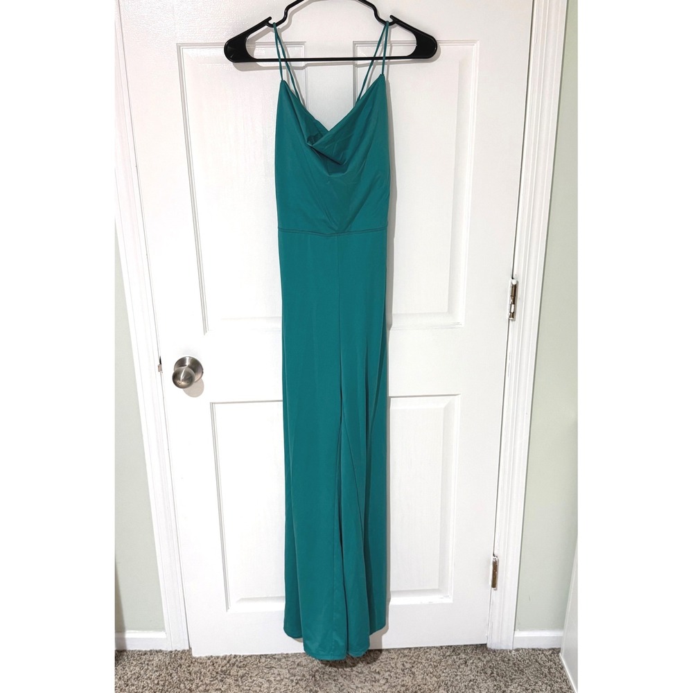 Halara Teal Green Cowl Neck Wide Leg Jumpsuit Lace Up Back Sleeveless
